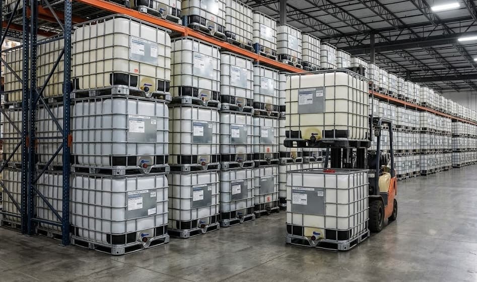 Racked IBC totes in the McKees Rocks yard, forklift moving a 275.