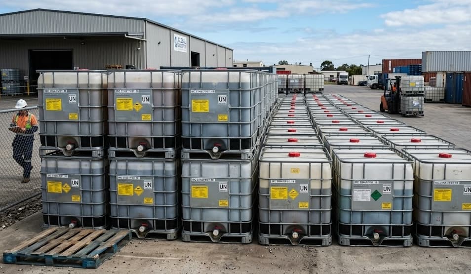 Rows of used IBC totes staged outdoors, yard worker walking past the fence line.