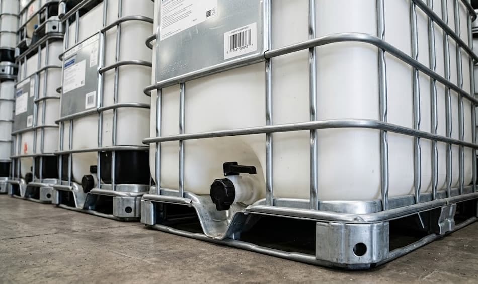 A line of factory-sealed IBC totes, close-up on the black valves and new cages.