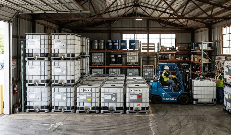 Interior of warehouse Bay 7 with chemicals and cleaners totes, forklift operator moving one out.
