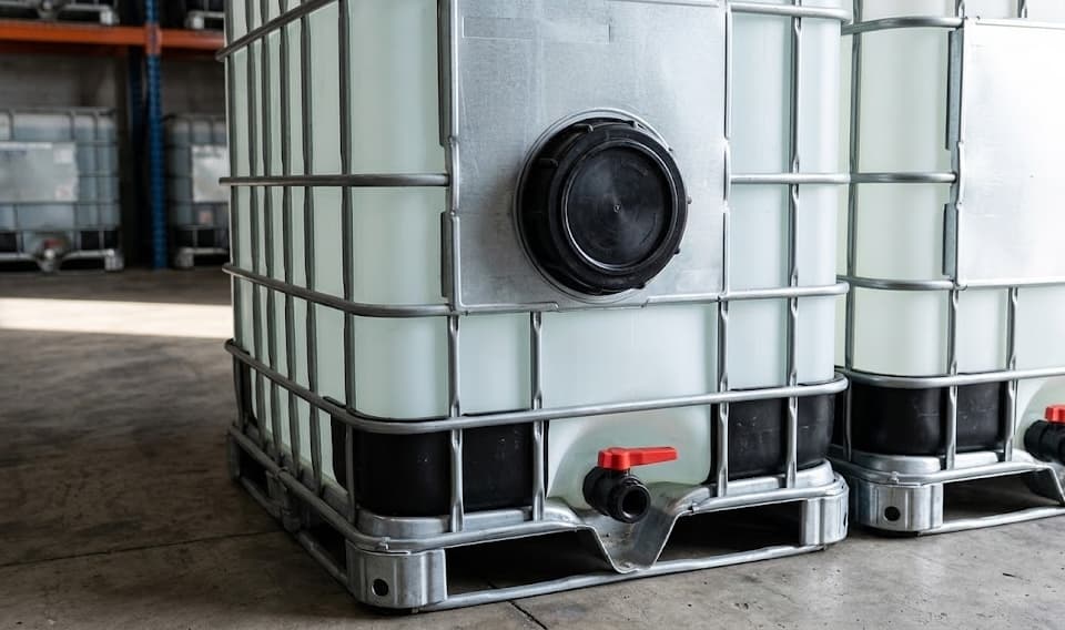 Close-up of an IBC tote's 6-inch screw cap and red ball valve, cage in sharp focus.