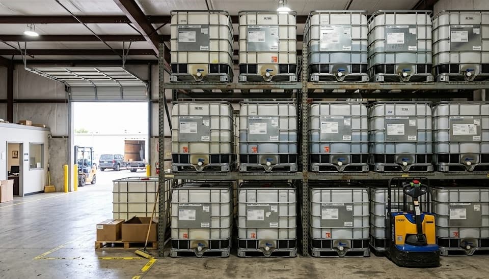 IBC totes racked three-high inside the warehouse with the gate door open to daylight.