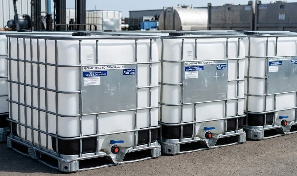 Three reconditioned IBC totes with fresh food-grade labels ready for shipment.